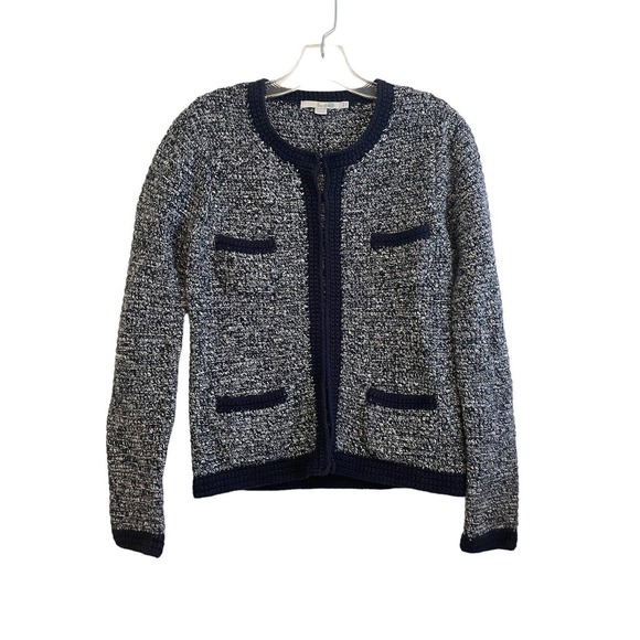 Boden Cotton Heavyknit Marled Textured Cropped Jacket Size 6 Navy‎ Blue White - Picture 1 of 8